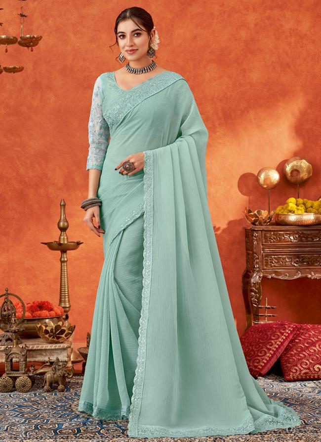 Chiffon Sky Blue Party Wear Embroidery Work Saree